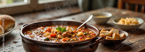 Vibrant minestrone soup steaming in rustic bowl, cozy dining ambiance photo