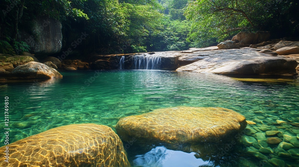 Naklejka premium A serene waterfall flows into a clear pool of turquoise water surrounded by lush greenery