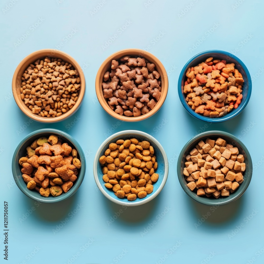 Dry Pet Food Set, Cat Diet, Puppy Food Brown Pieces, Dog Meal in Bowls, Pet Dinner Crackers Dry Pet Food Set, Cat Diet, Puppy Food Brown Pieces, Dog Meal in Bowls, Pet Dinner Crackers
