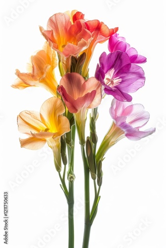 Color freesia flowers isolated, freesia buds set, blossoms collection on white background