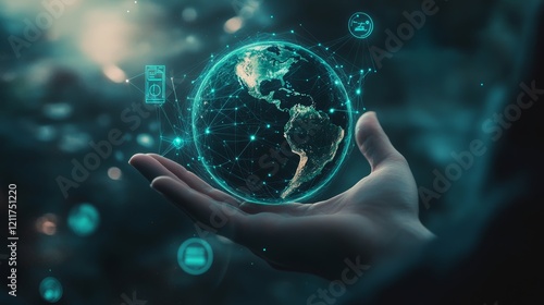 Global network and technology connection on digital Earth globe. Green planet Earth. Eco-friendly environment. World Environment Day. Global environment protection. Green tech. Sustainable development