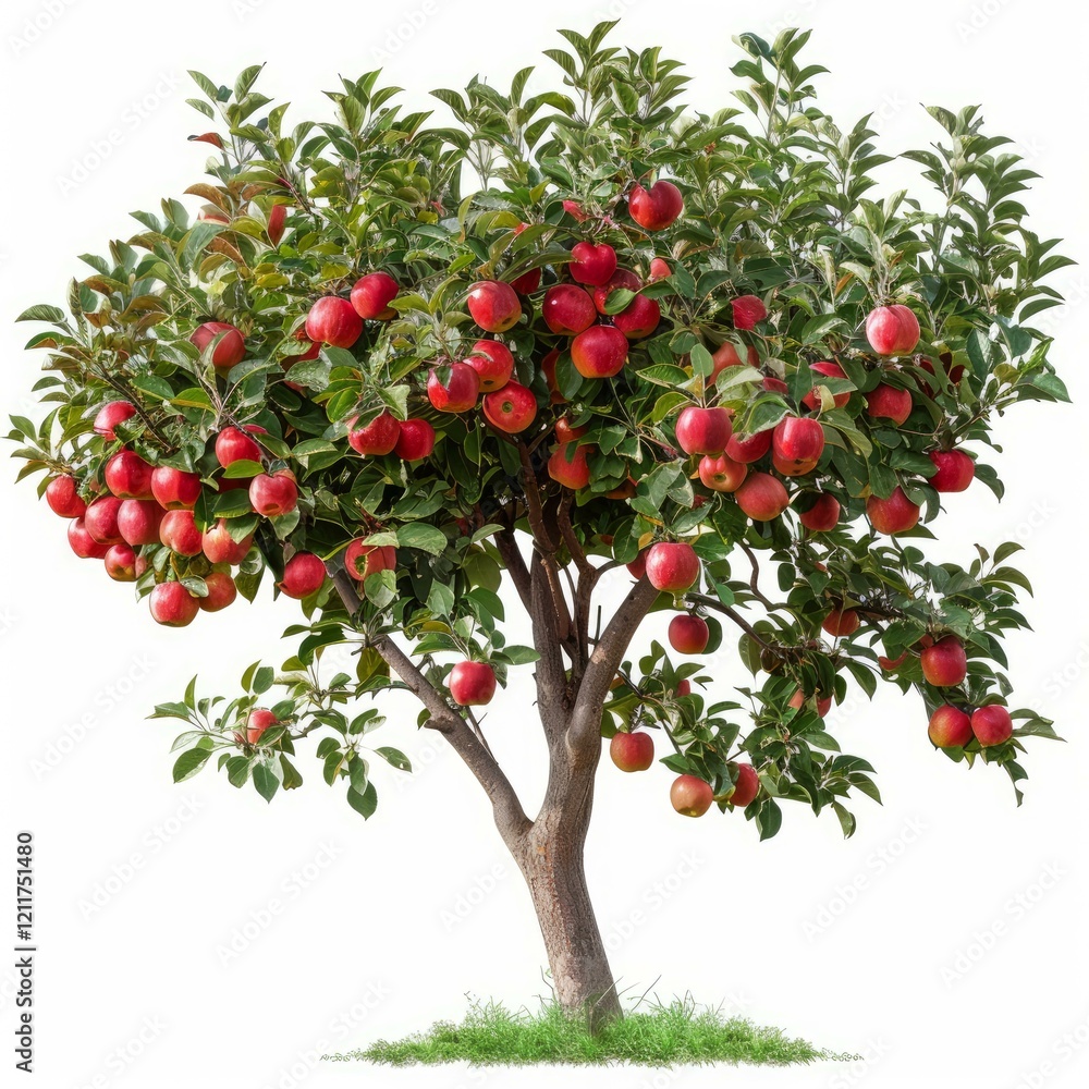 Isolated apple tree laden with ripe, red apples, showcasing the abundance of a fruitful harvest