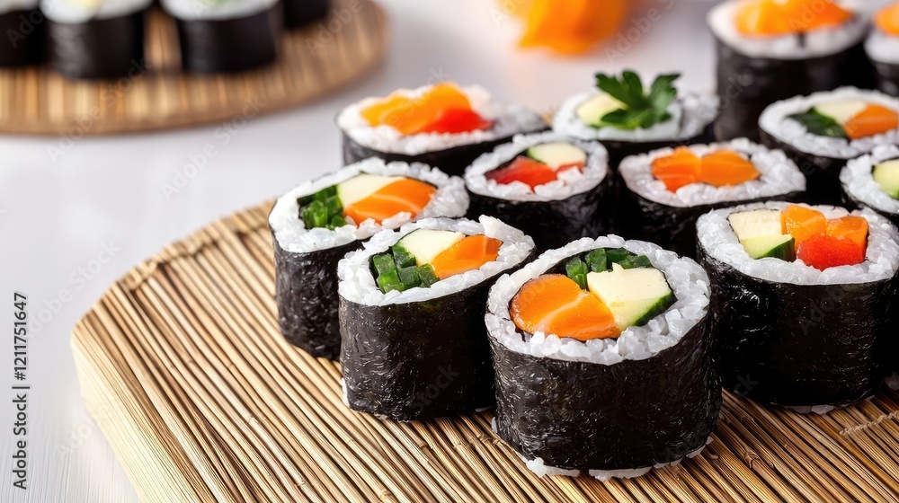 Plant based food concept. Colorful sushi rolls arranged beautifully on a bamboo mat, perfect for culinary delight. Plant based food concept. Colorful sushi rolls arranged beautifully on a bamboo mat, perfect for culinary delight.