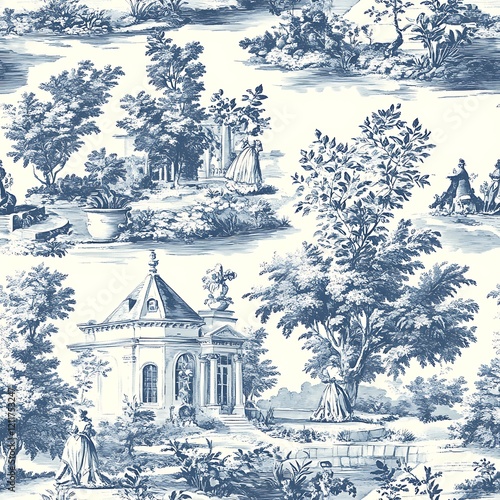Vintage blue toile pattern featuring ladies in a garden with trees and a pavilion