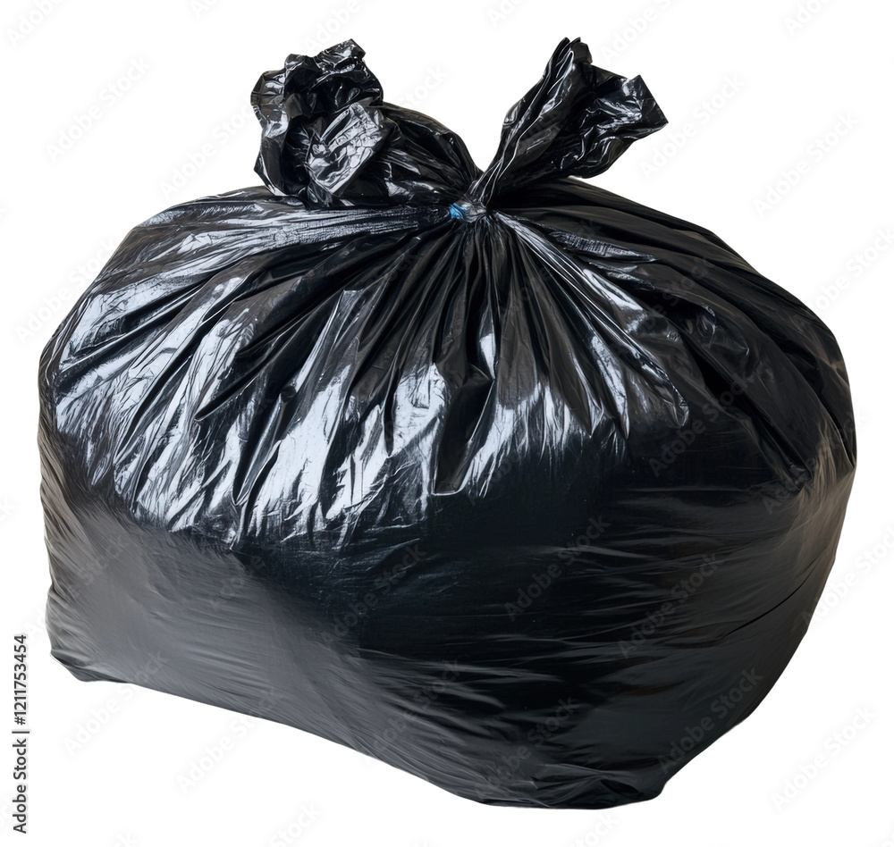 Large black garbage bag filled with waste placed on the ground in an urban setting isolated on transparent background Large black garbage bag filled with waste placed on the ground in an urban setting isolated on transparent background