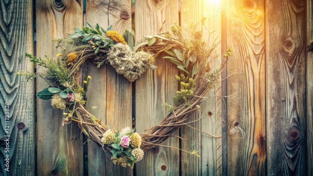 Obraz premium Heart-shaped floral wreath adorns rustic wooden fence, bathed in warm sunlight