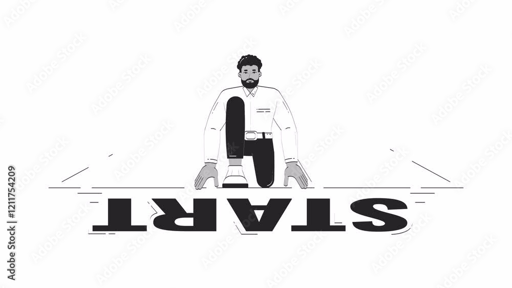 Determined businessman crouching at starting line outline hand drawn 2D character animation. Career start doodle drawing 4K video. African american business man animated person handdrawn isolated Determined businessman crouching at starting line outline hand drawn 2D character animation. Career start doodle drawing 4K video. African american business man animated person handdrawn isolated