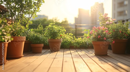 Wallpaper Mural A serene urban balcony filled with vibrant flowers and greenery, bathed in warm evening sunlight. Torontodigital.ca