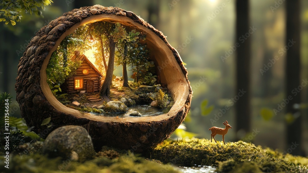 Obraz premium Enchanted Forest Cabin: A Miniature World of Serenity and Wonder