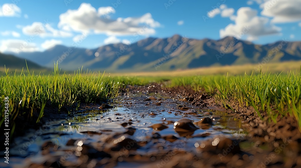 Obraz premium Serene Stream with Lush Green Grass and Majestic Mountains in View