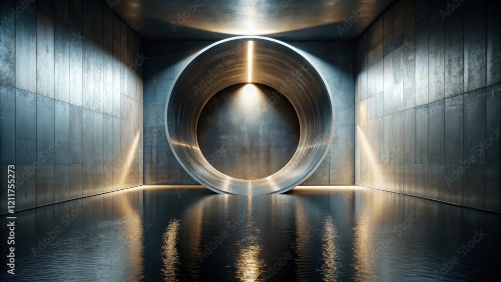 Reflective Pool and a Metal Oval Portal in a Modern Room with Dramatic Lighting Reflective Pool and a Metal Oval Portal in a Modern Room with Dramatic Lighting