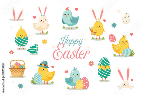 Colorful easter themed vector illustration with cute chicks birds