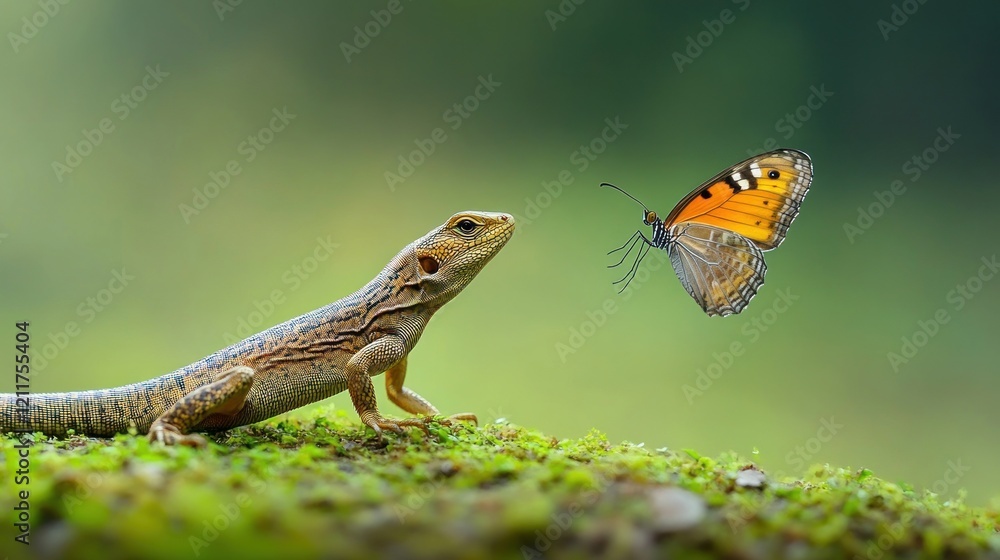 Fototapeta premium Lizard and butterfly encounter in lush forest; nature wildlife photography