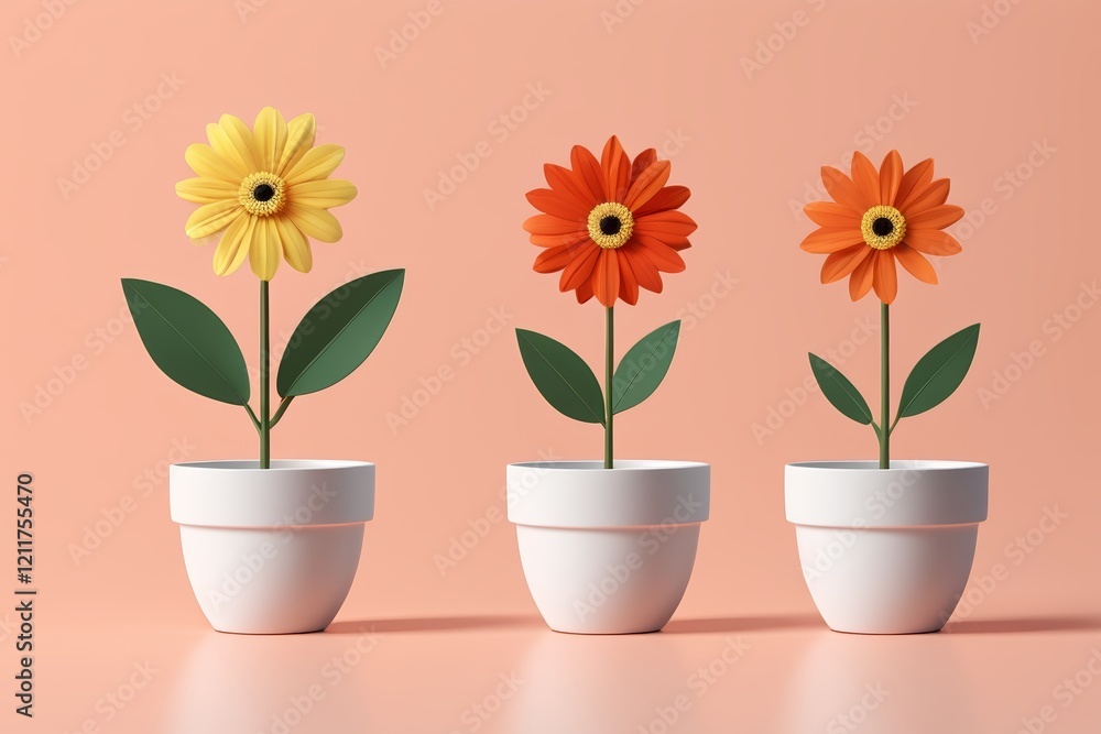 three different colored flowers in a white pot on a pink background three different colored flowers in a white pot on a pink background