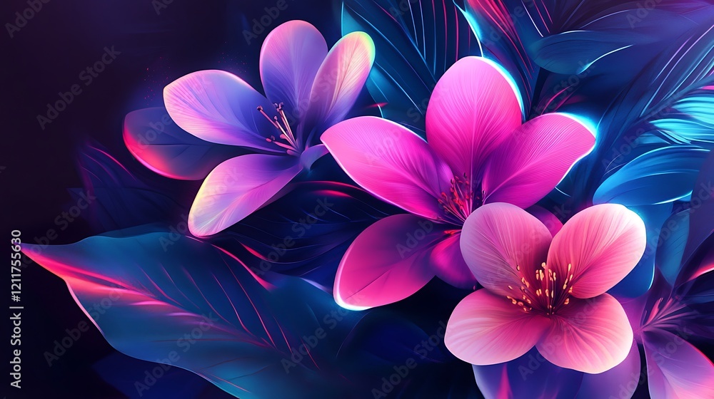 Abstract floral designs with neon lighting effects Abstract floral designs with neon lighting effects