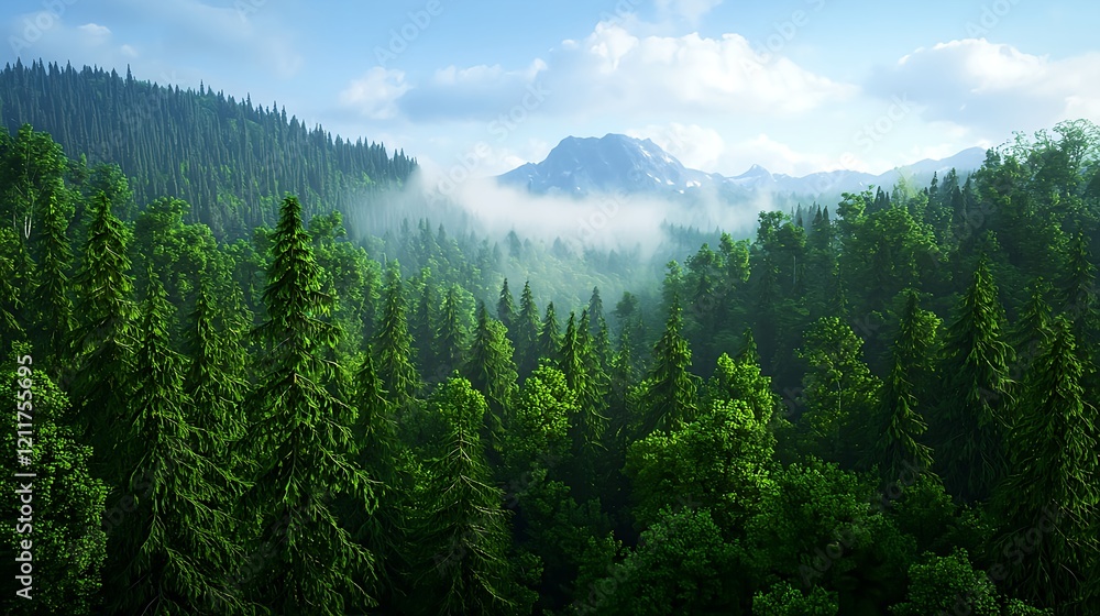 Lush Green Forest with Majestic Mountains in Tranquil Atmosphere Lush Green Forest with Majestic Mountains in Tranquil Atmosphere