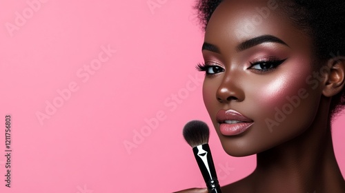 Woman holding makeup brush with pink glowing skin and soft makeup on bright pink background