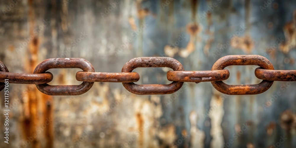 A Close-Up View of a Rusty Chain's Interlocking Links Against a Blurred Metallic Background A Close-Up View of a Rusty Chain's Interlocking Links Against a Blurred Metallic Background