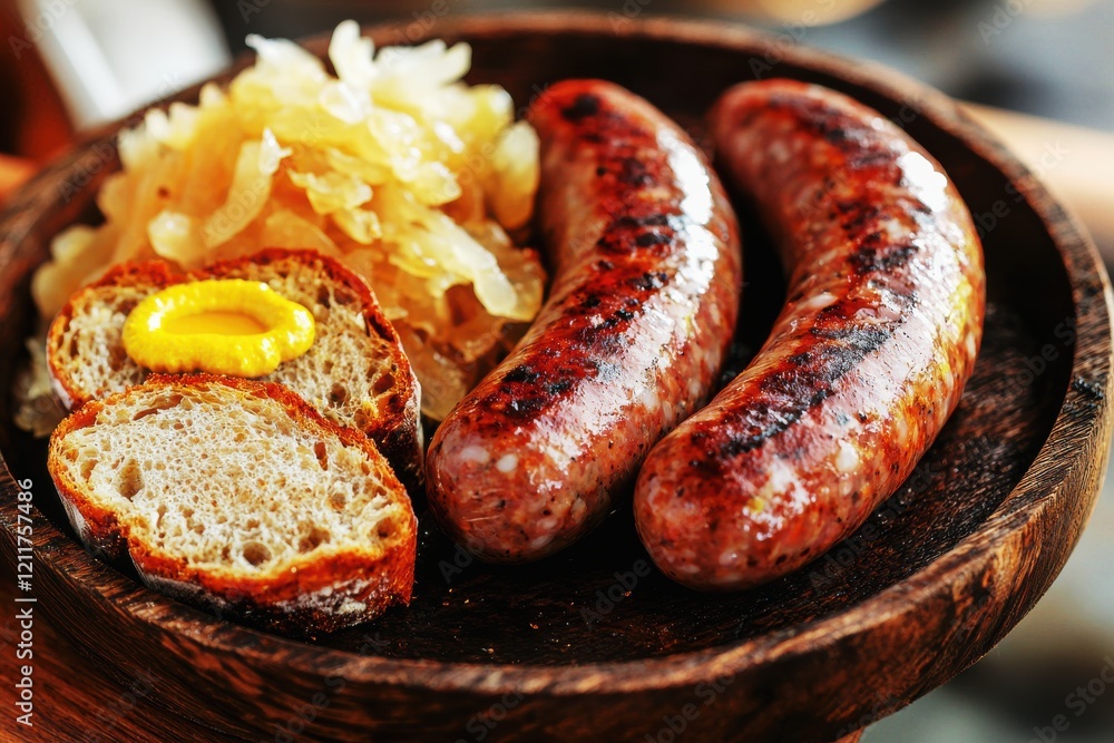 Fototapeta premium Enjoying traditional German bratwurst sausage with sauerkraut and bread on a wooden plate at a festive outdoor market