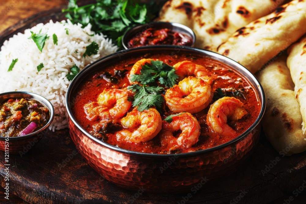 Delicious Indian dinner featuring shrimp curry, garlic naan, rice, and chutney on a traditional table