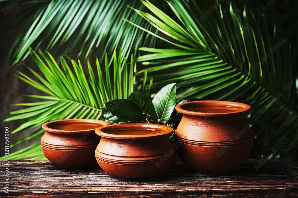 Traditional Indian toddy setup showcasing fresh clay pots against lush greenery in a serene tropical setting Traditional Indian toddy setup showcasing fresh clay pots against lush greenery in a serene tropical setting