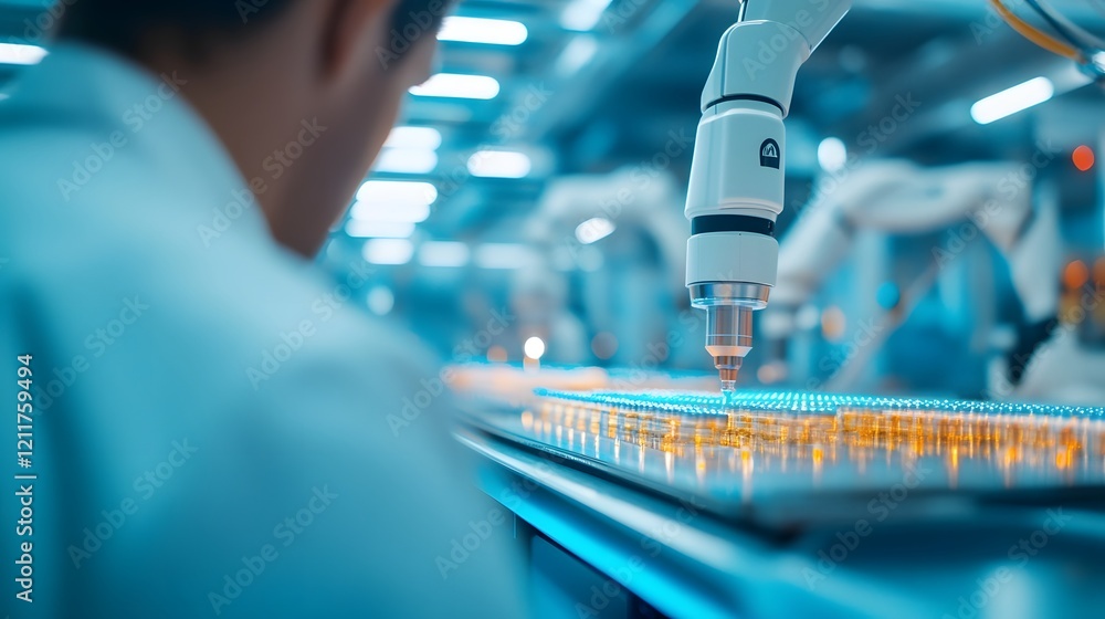 Futuristic Factory Floor with Robotic Arms Assembling Electronic Devices under Cool Blue Lighting Futuristic Factory Floor with Robotic Arms Assembling Electronic Devices under Cool Blue Lighting