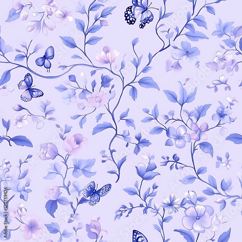 Elegant floral pattern with blue butterflies on a soft lavender background