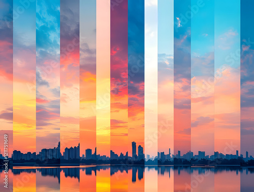 the image is evenly divided into 24 stripes vertically, in each stripe is part of a photo of a different sunset sky in the same place, realistic photography, poetic, soft color, warm tone, no gap  photo