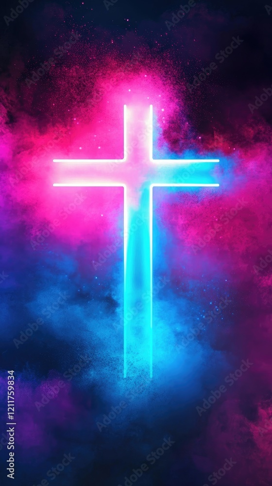Neon Cross Glowing in Vibrant Colors of Pink and Blue Neon Cross Glowing in Vibrant Colors of Pink and Blue