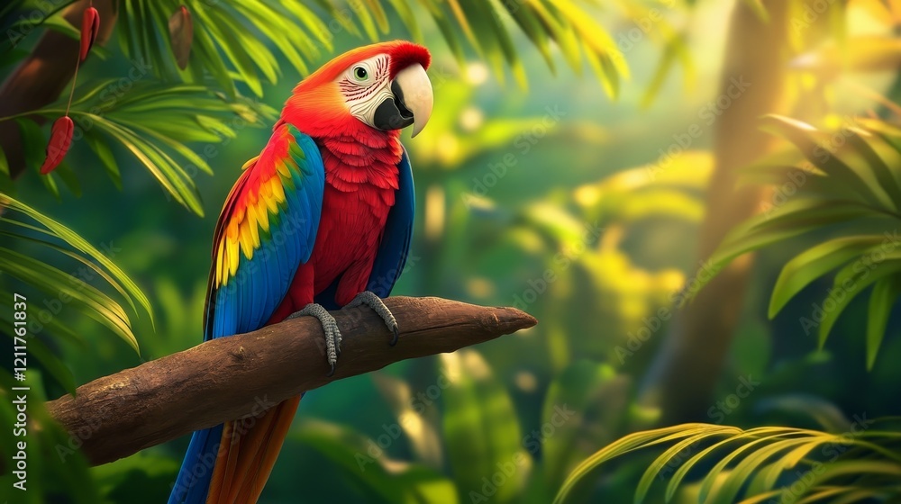 Obraz premium Vibrant scarlet macaw perched on a branch amidst lush tropical foliage with soft sunlight filtering through