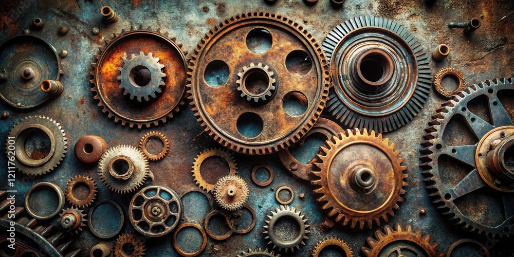 Rustic Collection of Interlocking Metal Gears and Cogs on a Weathered Surface Rustic Collection of Interlocking Metal Gears and Cogs on a Weathered Surface
