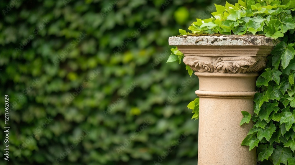 Elegant stone column adorned with lush green ivy in a serene garden setting, showcasing nature's beauty Elegant stone column adorned with lush green ivy in a serene garden setting, showcasing nature's beauty