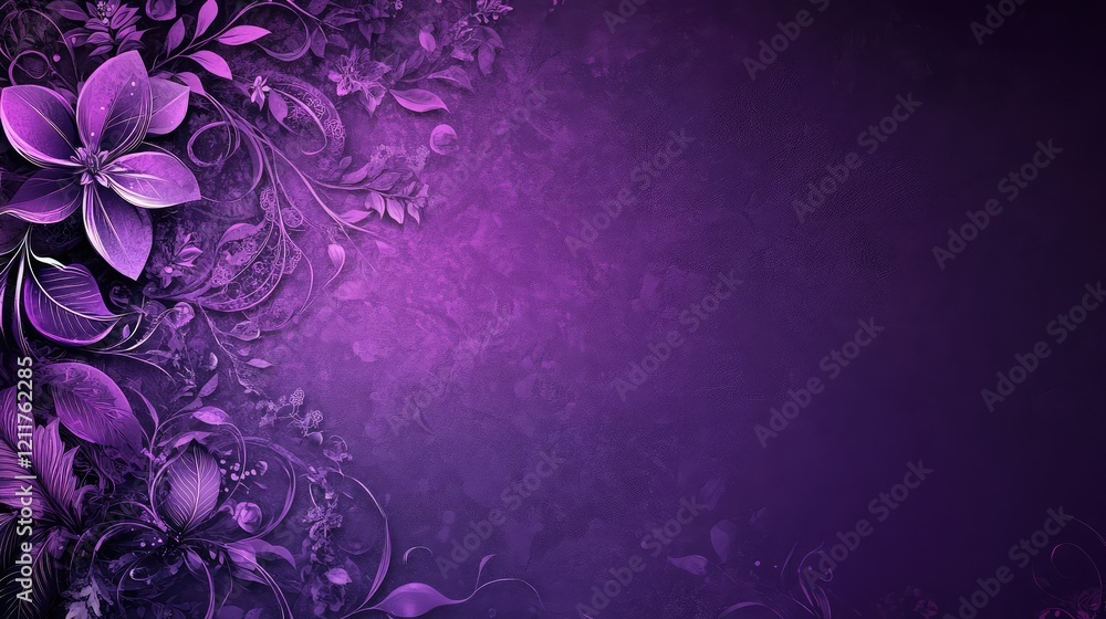 Elegant Violet Purple Background with Lace-Inspired Floral Patterns on the Left Side for Sophisticated Banner or Poster Templates Elegant Violet Purple Background with Lace-Inspired Floral Patterns on the Left Side for Sophisticated Banner or Poster Templates