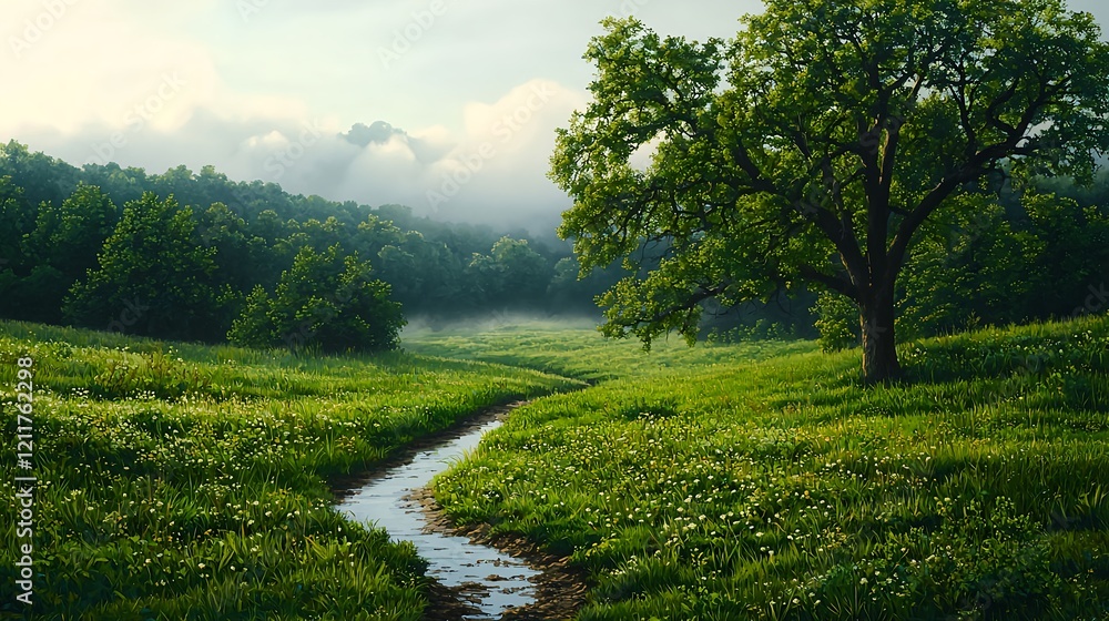 Lush Green Meadow with Flowing Stream and Majestic Tree Landscape Lush Green Meadow with Flowing Stream and Majestic Tree Landscape