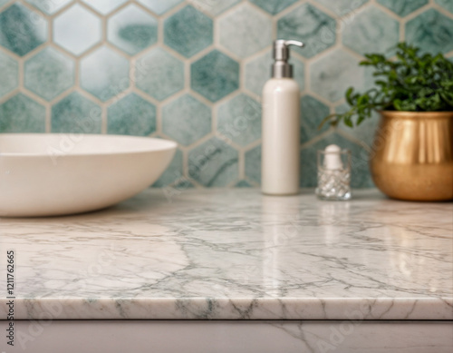 Empty white marble table top with blur tile wall bathroom background