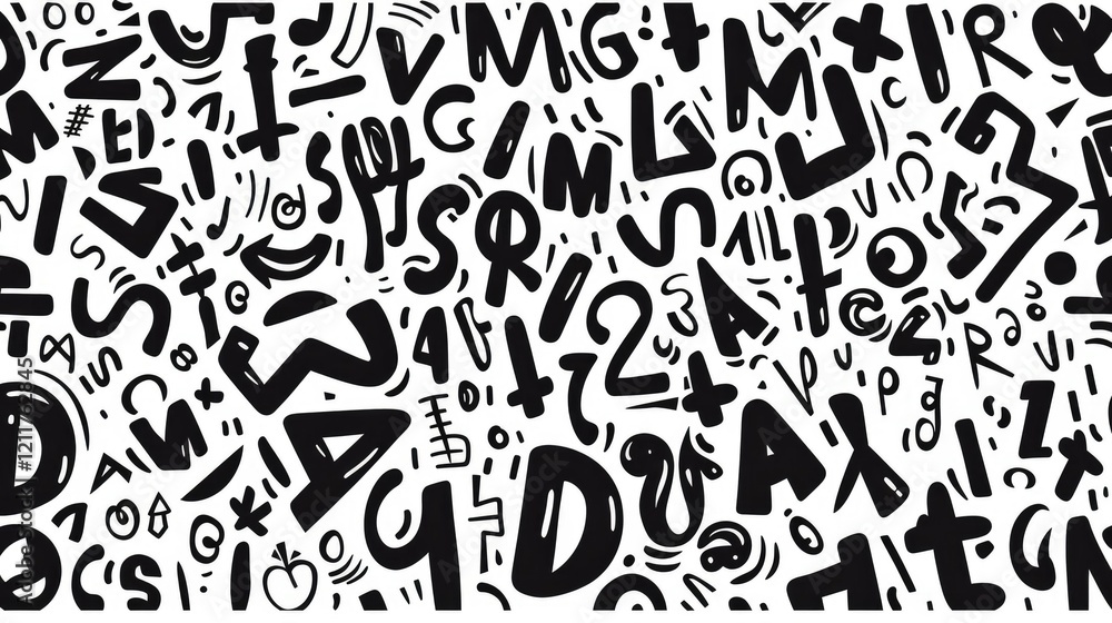 A chaotic arrangement of letters and numbers in a playful, abstract design. A chaotic arrangement of letters and numbers in a playful, abstract design.