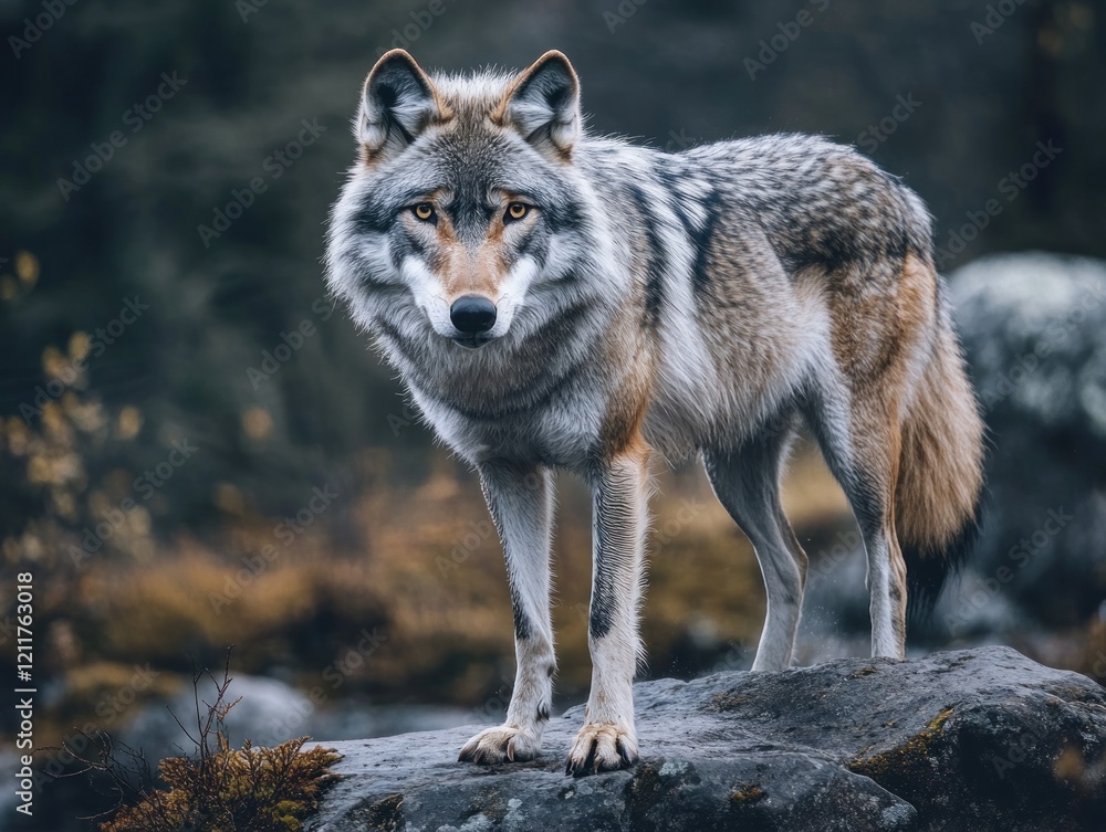 Fototapeta premium A Majestic Wolf Standing on a Rock in a Natural Habitat with another wolf in Background