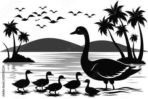 black silhouette geese on the lake Swimming white background