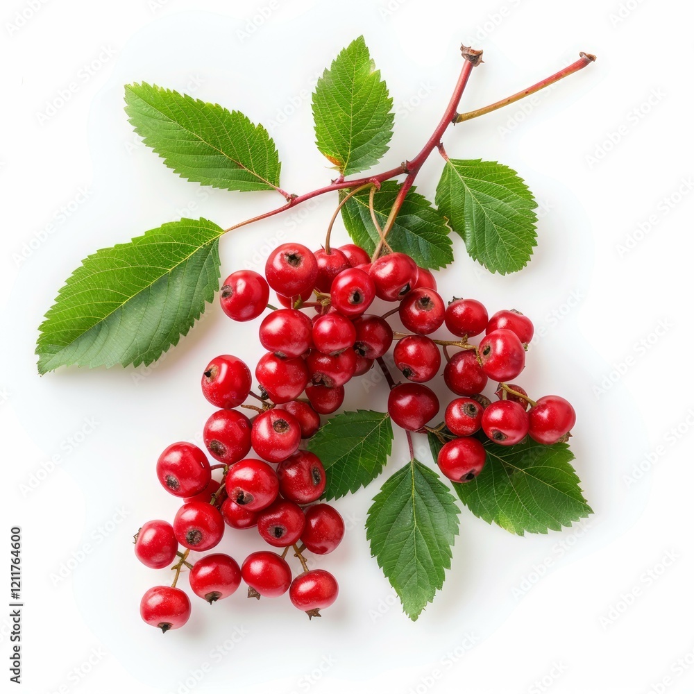 Freshly picked hawthorn berries on branch with green leaves, creating a vibrant display of nature's bounty Freshly picked hawthorn berries on branch with green leaves, creating a vibrant display of nature's bounty