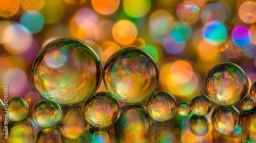 Colorful iridescent spheres on bokeh background