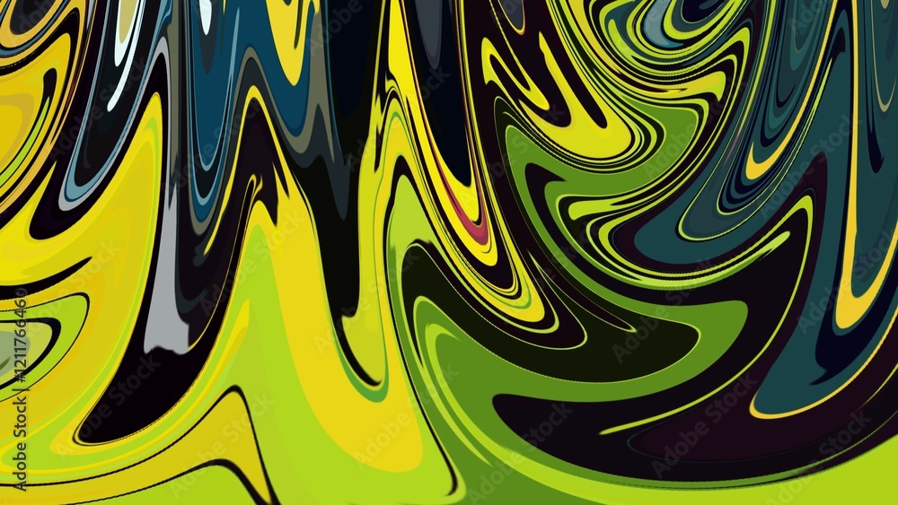 Fototapeta premium A striking abstract artwork featuring fluid swirls in vivid yellow and green tones contrasted with deep black accents