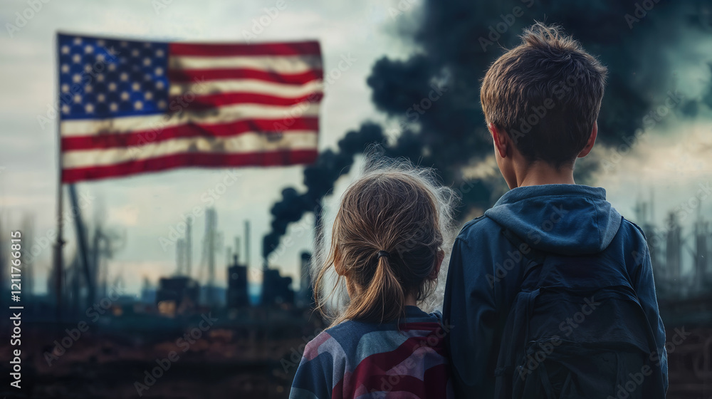 two children sitting in a field watch a factory pollute the planet and wonder what future they will have two children sitting in a field watch a factory pollute the planet and wonder what future they will have