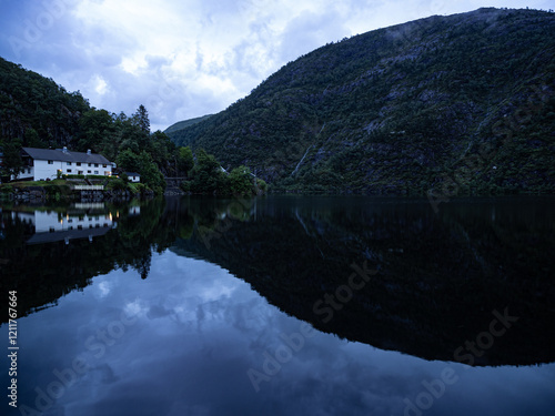 Night photo of Nesttun, in the municipality of Bergen, Vestland county. Norway. Lake Grimevatnet photo