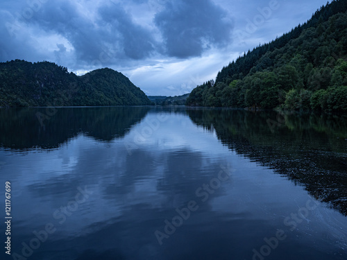 Night photo of Nesttun, in the municipality of Bergen, Vestland county. Norway. Lake Grimevatnet photo