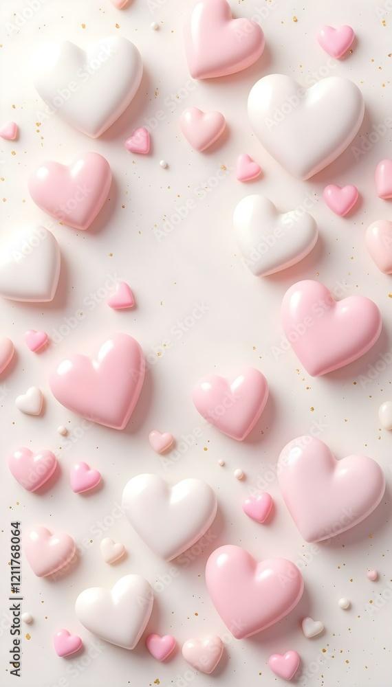 Scattered glossy pink, white, and pastel hearts on a soft pink background, creating a romantic Valentine's Day design. Vertical composition. Scattered glossy pink, white, and pastel hearts on a soft pink background, creating a romantic Valentine's Day design. Vertical composition.