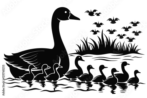 black silhouette geese on the lake Swimming at beach white background