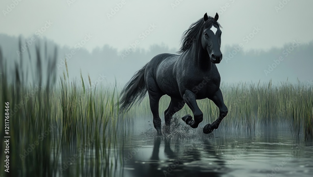 Fototapeta premium Majestic Black Stallion Galloping Through Misty Marsh