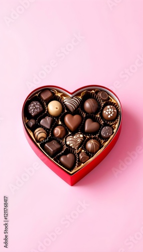Vertical close-up of a heart-shaped box filled with assorted luxury chocolates on a vibrant pink and red background, perfect for a Valentine’s Day social media banner.