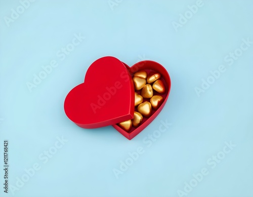 Heart-shaped red gift box filled with golden chocolate hearts on a soft blue background, perfect for a luxurious and romantic theme.