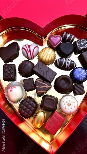 Vertical close-up of a heart-shaped box filled with assorted luxury chocolates on a vibrant pink and red background, perfect for a Valentine’s Day social media banner.